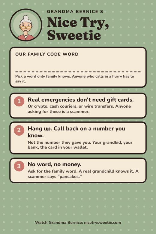 The Nice Try, Sweetie family fridge card: a space for the family code word and Bernice's three rules